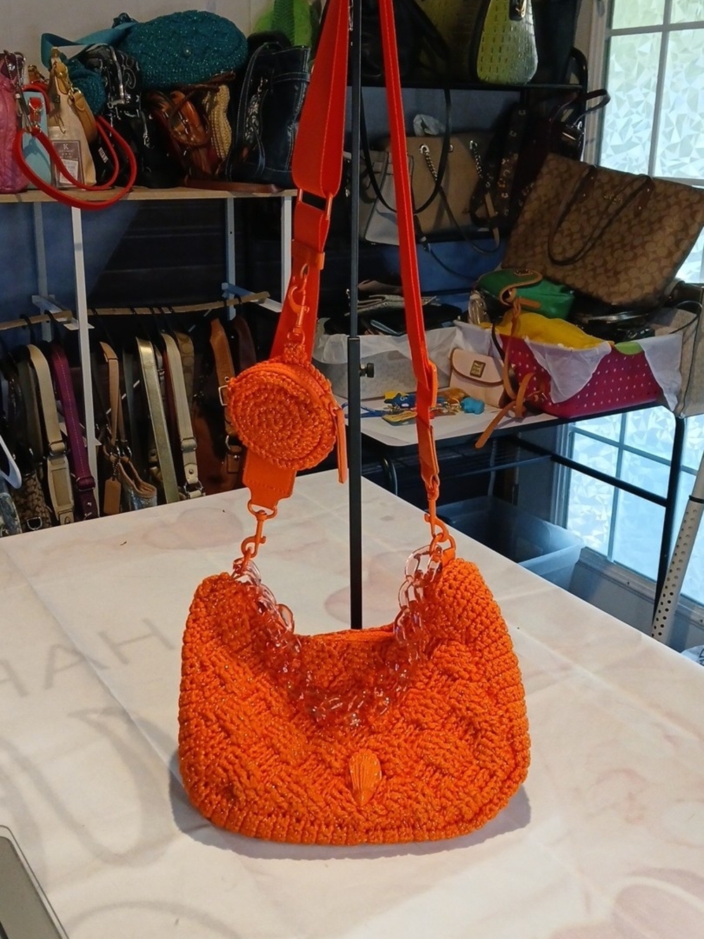 Kurt Geiger London Crochet Multi Crossbody Bag in orange. No Leaves!
